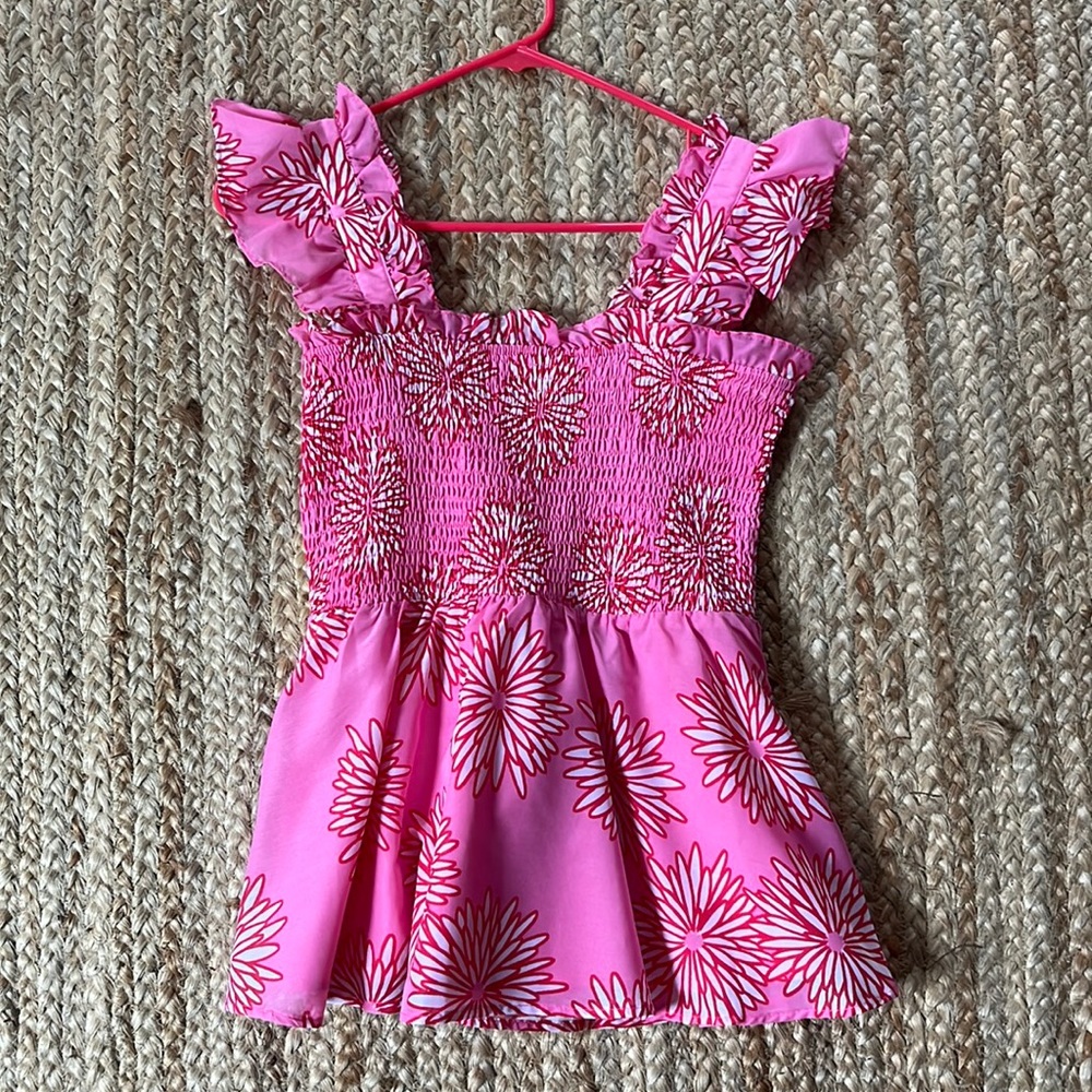 J.Marie pink and red flower smocked top with ruffle sleeve